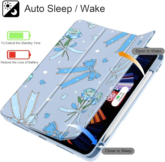 Tuiklol for iPad Pro 11 Inch 4th / 3rd / 2nd / 1st Gen (2022 2021 2020 2018) Case -Built-in Pencil Holder Shockproof Cover Clear Transparent Back Shell with Auto Wake/Sleep, Bow & Rose Blue