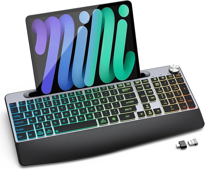 GAMCATZ Ergonomic Backlit Wireless Keyboard with Wrist Rest-Low-Profile,Phone/Tablet Holder,Rechargeable with Light Up Keyboard,Cordless Quiet Computer Keyboard for Desktop,Laptop, PC, Mac-Grey