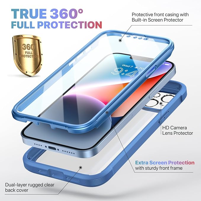 Diaclara Designed for iPhone 14 Case, Full Body Rugged Case with Built-in Touch Sensitive Anti-Scratch Screen Protector, with Camera Lens Protector for iPhone 14 6.1" (Elegant Blue)