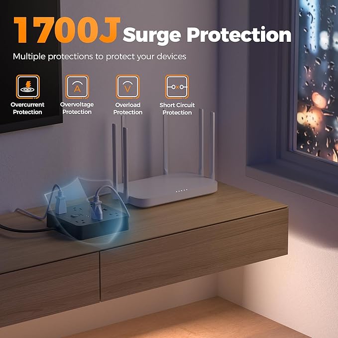 TESSAN 5Ft Black Extension Cord with Multiple Outlets, Surge Protector Power Strip with 6 Outlets and 3 USB Ports (1 USB C), 1700 Joules Protection, Flat Plug, Outlet Extender for Home, Office, Dorm