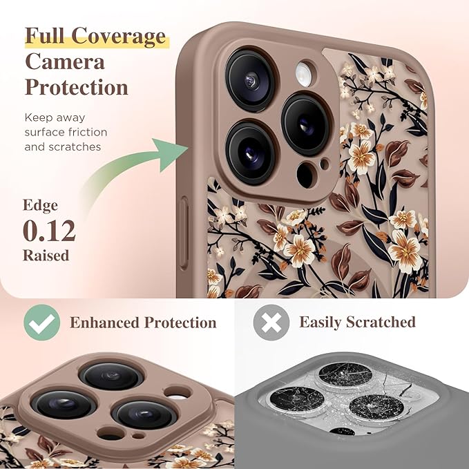 GVIEWIN for iPhone 16 Pro Case Compatible with MagSafe, [Military Grade Protection] [Screen Protector] Full Camera Protection Floral Translucent Women Magnetic Phone Case, Bunchflower/Brown