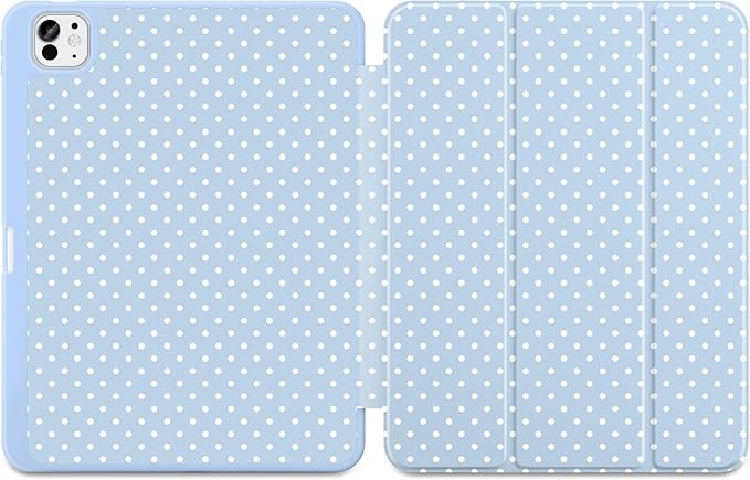 MEEgoodo Case for M5 iPad Pro 11 inch 2025/M4 iPad Pro 11 inch Case 2024, Tablet Cover with Trifold Stand & Pencil Holder & Auto Wake/Sleep & Soft TPU Back Cover, White Polka Dot & Blue
