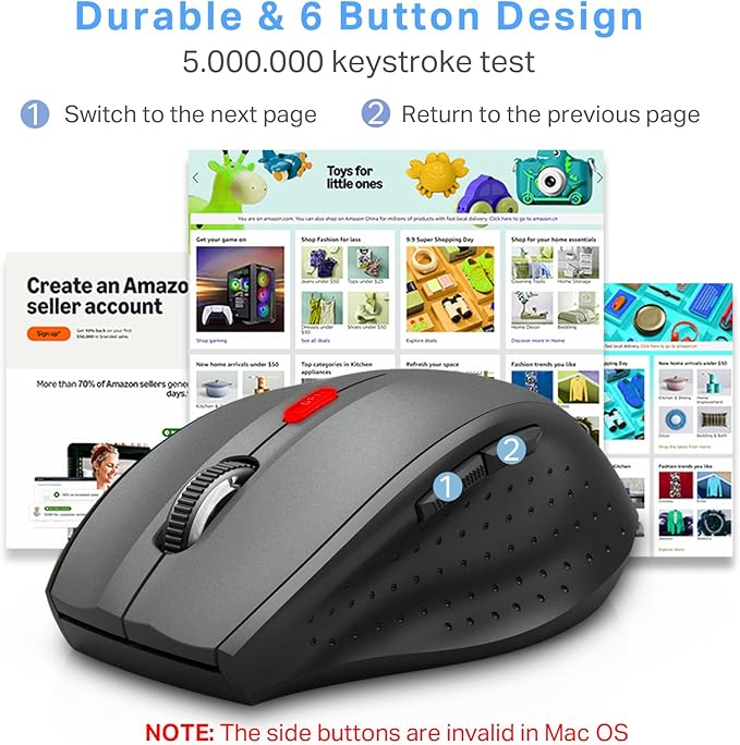E-YOOSO Wireless Mouse for Laptop, Portable Optical Computer Mouse, 6 Buttons, Cordless 2.4GHz with USB Receiver, 5-Level 4800 DPI, 18 Months Battery Life, for PC, Chromebook (Gray & Black, USB)