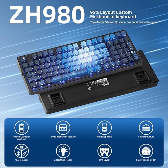 ZORNHER ZH980 Mechanical Keyboard,95% Blue Creamy Keyboard with Number Pad,Hot-Swappable Custom Gaming Keyboard,Shine Through Dye Sublimation PBT Keycaps,Creamy Sounding Linear Switches