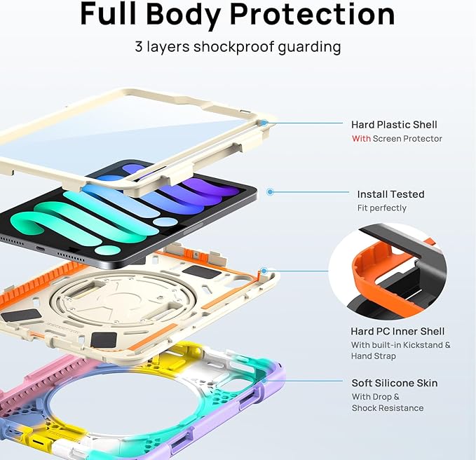 Gerutek Case for iPad mini 7 (A17 Pro) 2024/Mini 6 2021 8.3 inch, Shockproof Cover for iPad mini 7/6th Gen with Screen Protector, 360° Rotating Stand, Hand/Shoulder Strap, Pencil Holder-Colorful Pink