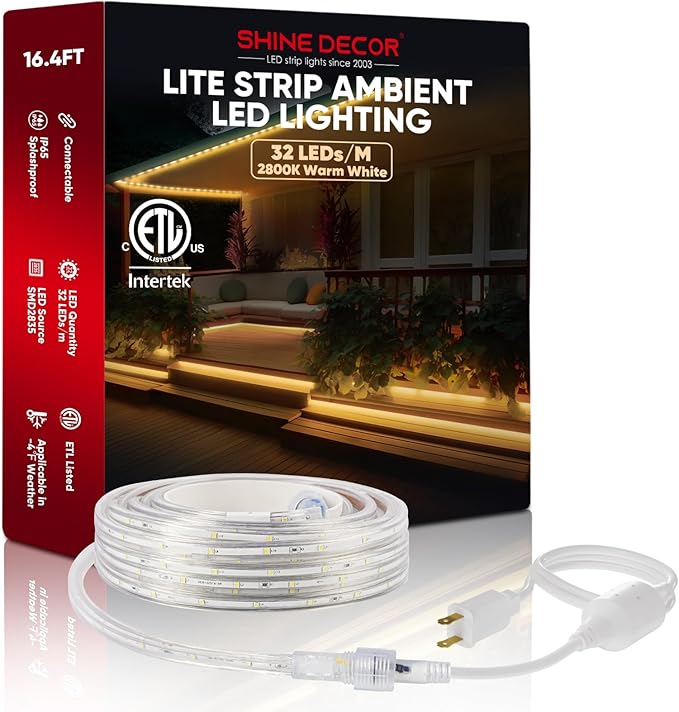 Shine Decor LED Strip Lights 12w Low Consumption, Cold Resistant IP65 Waterproof Outdoor Rope Light 120 VAC, Cuttable Connectable Indoor Lite Lighting Strip 16 FT ETL Listed 7x10mm 2800K Warm White