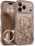 GVIEWIN for iPhone 17 Pro Case Compatible with MagSafe [Curly Wave Edge][Full Camera Protection] Floral Translucent Shockproof Magnetic Women Phone Case for iPhone 17 Pro 6.3'', Floratopia/Brown