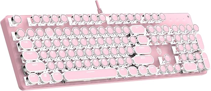 Typewriter Mechanical Gaming Keyboard with RGB Backlit Red Switches, 104 Keys Retro Round Keycap, Wired Typewriter Style Comfortable Typing Soud (Pink)