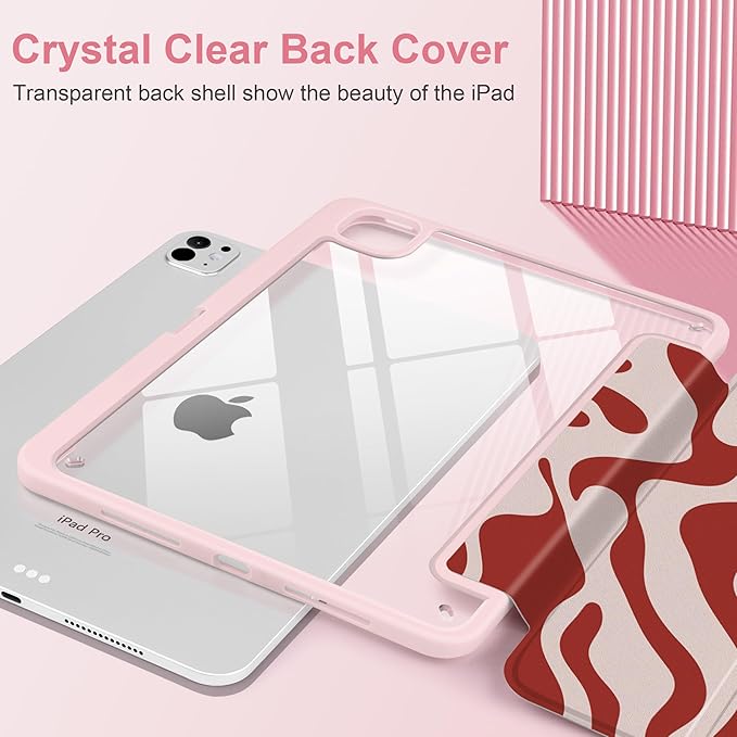 TWOLSKOO Case for iPad Pro 11-inch (M5 2025 / M4 2024), Clear Acrylic Back with TPU Bumper, Pencil Holder, Trifold Stand, Auto Sleep/Wake, Red Waves