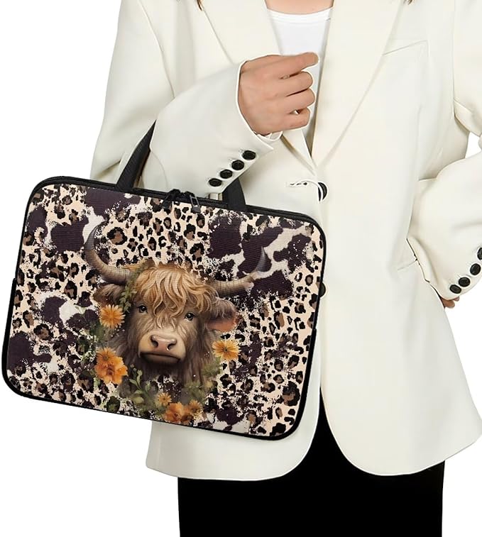12 Inch Laptop Sleeve, Laptop Cover Computer Bag Tablet Carrying Case with Handle, Brown Cow Zipper Tote Bags Notebook Sleeves Handbag Messenger BriefcaseGifts for Women