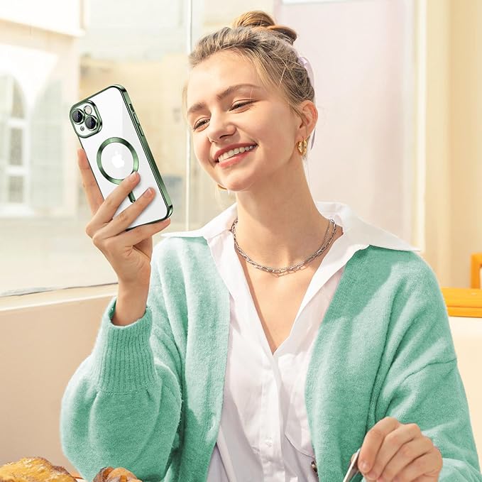 Hython Magnetic Clear for iPhone 13 Case with Camera Lens Protector [Compatible with MagSafe] Luxury Plating Edge Slim Soft TPU Cover Protective Phone Case for iPhone 13 6.1", Deep Green