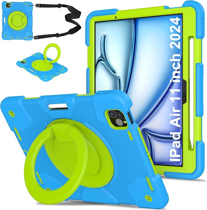 Andnary Case for iPad Air 11 inch Case M4/M3/M2 (2026/2025/2024), Heavy Duty Shockproof Cover with Screen Protector, 360° Rotating Stand, Pencil Holder, Shoulder Strap (Blue+Green)