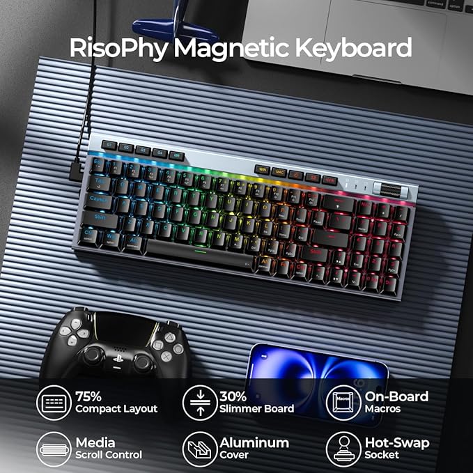 RGB Mechanical GamingKeyboard, 78 Keys Hot-Swap Mechanical Keyboard With Magnetic Red Switches, Ergonomic Keyboard with Aluminum Cover/Media Keys/Software/Dual System WiredKeyboard for PC/Mac Gamer
