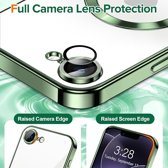 Hython Magnetic Clear for iPhone 17e Case with Camera Lens Protector [Compatible with MagSafe] Luxury Plating Edge Slim Soft TPU Cover Protective Phone Case for iPhone 17e 6.1", Deep Green