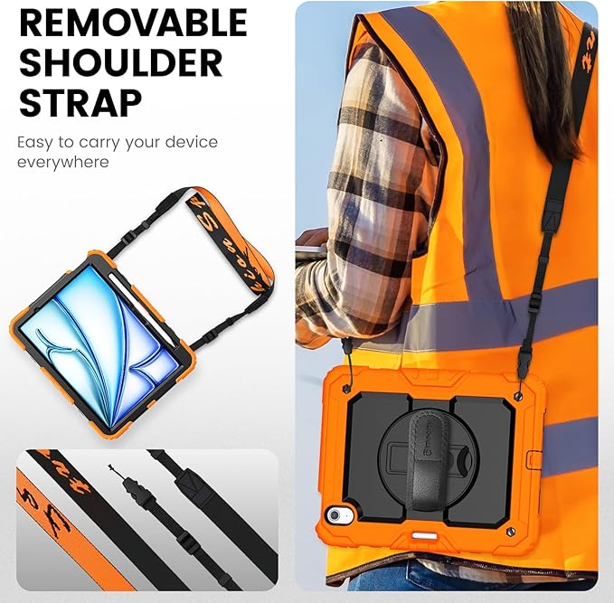 timecity Case for iPad Air 11 Inch M4 / M3 / M2 (2026/2025/ 2024), 360° Rotating Stand, Pencil Holder & Wireless Charging, Shockproof with Screen Protector & Shoulder Strap - for Designers, Orange