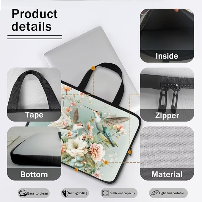 Hummingbird 15 Inch Laptop Sleeve for Women Protective Case Cover Compatible with 10-17 inch Chromebook, Notebook, Briefcase, Spring Floral Waterproof Computer Cases Bag with Handle