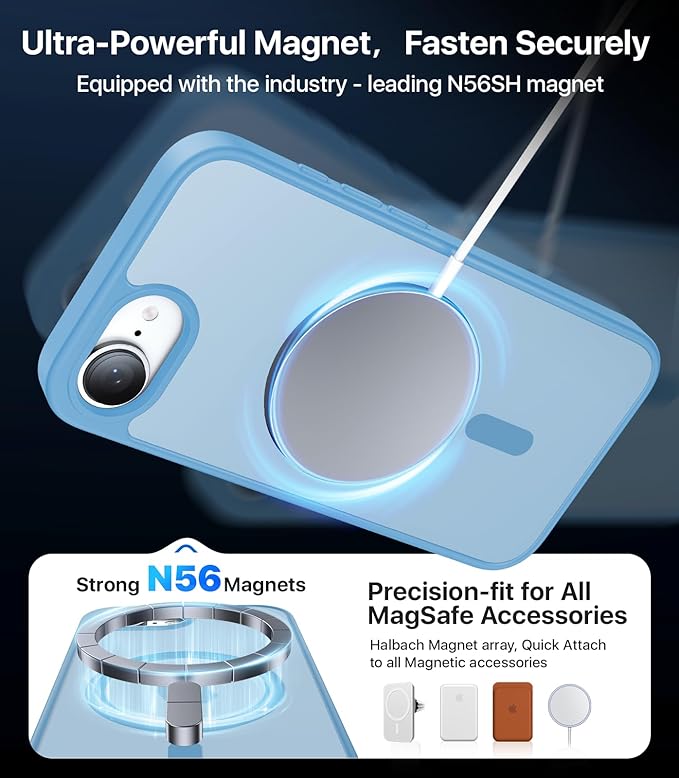 Eastinbox Magnetic Shockproof for iPhone 17e & iPhone 16e Case [Compatible with MagSafe] [Military-Grade Protection] Anti-Yellowing, Matte Protective Phone Case for iPhone 17 e/16 e 6.1", Light Blue