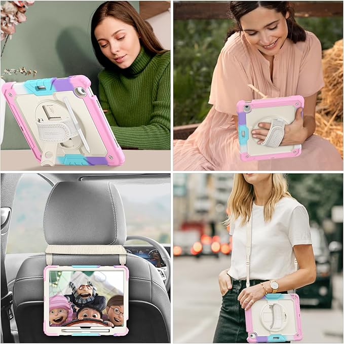 SEYMAC stock Case for iPad Air 13-inch M4-M2 2026-2024 (Gen 8-6), Shockproof Heavy Duty Case with Screen Protector, Pencil Holder, Rotating Stand, Hand Strap, Shoulder Strap, Pink
