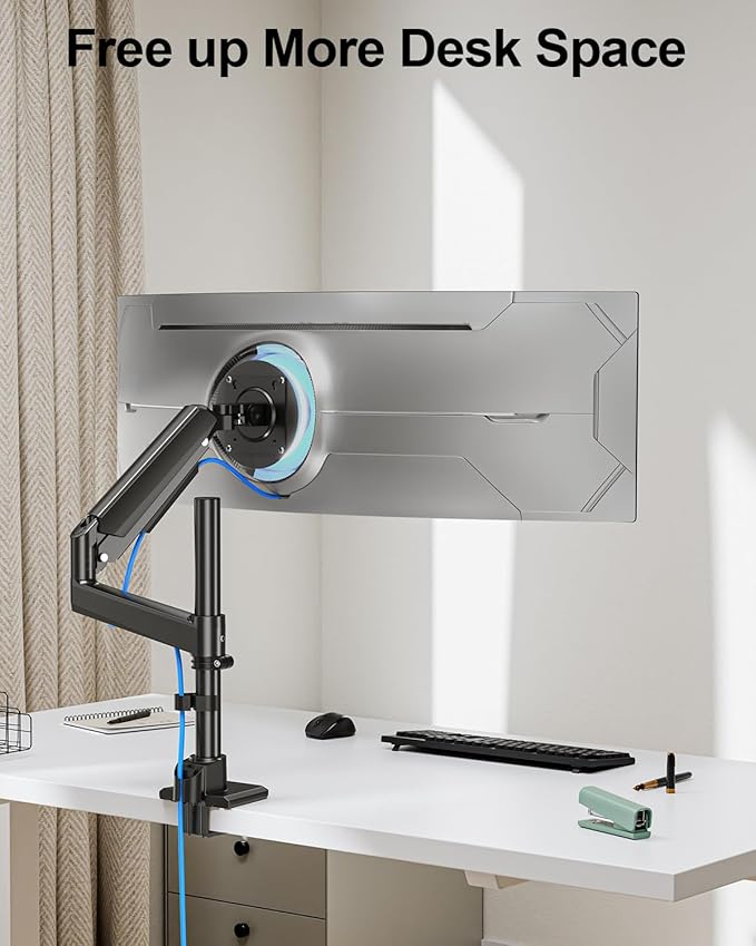 Heavy Duty Single Monitor Mount for Max 49 inch, Hold 7.7 to 44 lbs Ultrawide Screens, Premium Monitor Arm for Samsung Odyssey G9 and More, Adjustable Gas Spring Desk Stand, VESA Mount