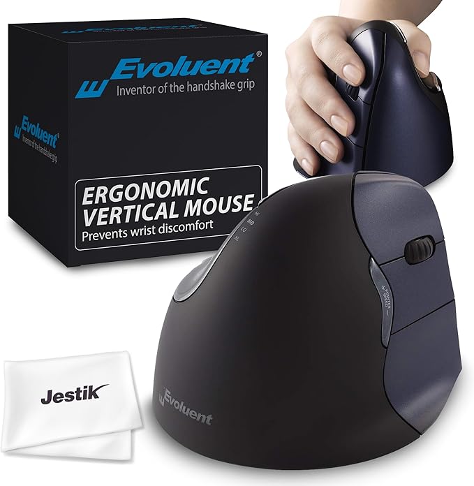 Jestik Evoluent Mouse VM4RW - VerticalMouse 4, Right Hand Ergonomic Design, Evoluent Vertical Mouse with Wireless Connection for Comfort and Precision, Plus Microfiber Cloth (Regular Size)
