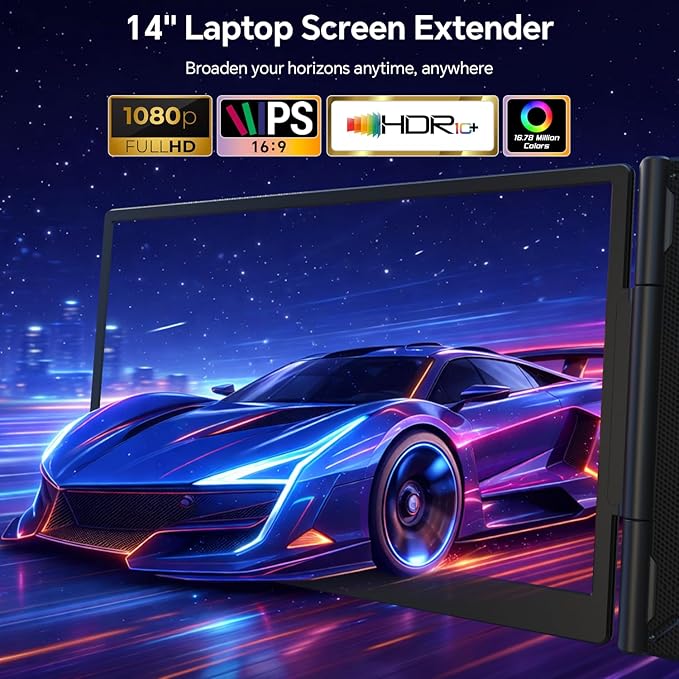 Laptop Screen Extender, 14" FHD 1080P Ultra-Thin Triple Portable Monitor, USB-C/USB-A Connection, Plug & Play, Travel Monitor for Mac/Windows/Chrome, Fits 13-17.3" Laptops