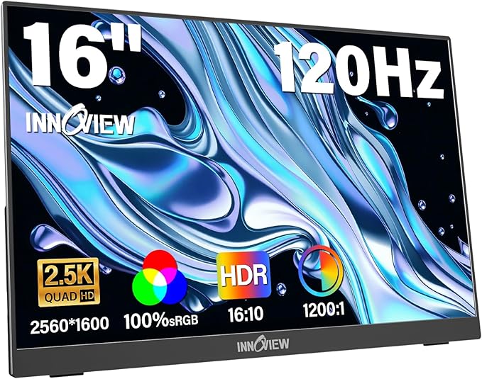 InnoView 16" Portable Monitor 120Hz 2.5K QHD 2160x1600 100% sRGB Laptop Screen Extender | 2 x Type-C & HDMI Portable Monitor for Macbook/Switch/PS5/Xbox(Adapter Excluded)