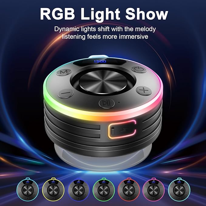 Speakers Bluetooth Wireless, Shower Speaker with Lights, IPX7 Waterproof Bluetooth Speakers with Suction Cup, Deep Bass, Built-in Mic, Digital Display, Portable Speakers Hook for Cycling Party Travel
