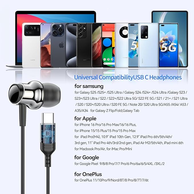 USB C Headphones for Samsung S26 S25 S24 S23 S22 A16 A56 Wired Earbuds USB C Magnetic in-Ear Type C Earphone with Mic Volume Control Stereo Noise Canceling Headphones for iPhone 17 16 15 Pro Max Pixel