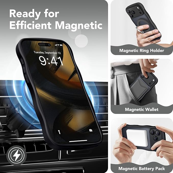 CAPRARO Magnetic for iPhone 17 Pro Max Case for Women Girls, Upgraded [Full Camera Protection] [Compatible with MagSafe] Cute Wave Translucent Matte Phone Case for iPhone 17 Pro Max, Black