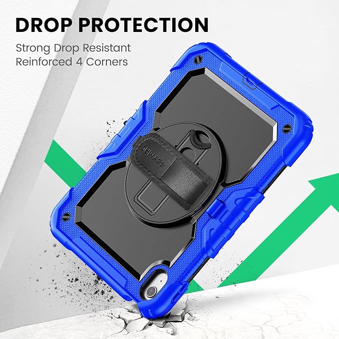 SEYMAC Case for iPad (A16) 11th/10th Generation 2025/2022 (11″/10.9″), Sturdy Heavy Duty Full-Body Shockproof Protective Case with Screen Protector, Rotating Stand, Hand/Shoulder Strap, Black/Blue