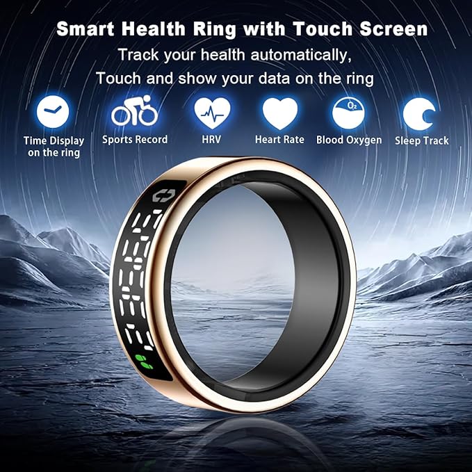 Smart Health Ring with Screen,for Women Men Fitness Tracker with Heart Rate, Blood Oxygen, HRV, Sleep Monitoring, Step Counting, IP68 for iPhone and Android, No Subscription Fee (Gold, 10#)