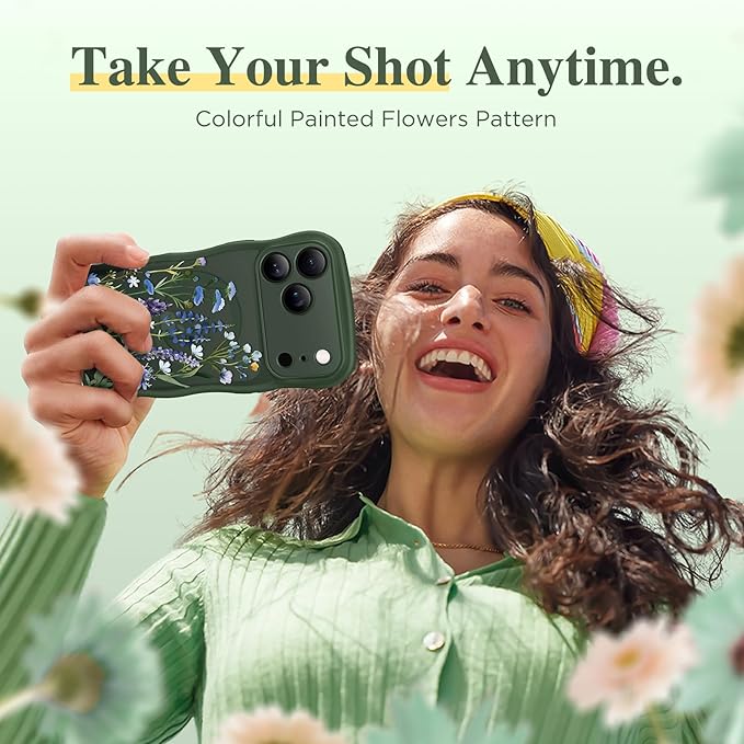 GVIEWIN for iPhone 17 Pro Max Case Compatible with MagSafe [Curly Wave Edge][Full Camera Protection] Floral Translucent Shockproof Magnetic Women Phone Case for 17 Pro Max, Sweet Posy/Forest Green