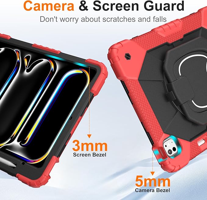Case for iPad Pro 13 Inch M5 2025/ M4 2024, Ubearkk for iPad Pro 13 Inch case with Screen Protector, 360 Degree Rotating Stand Shoulder Strap Pencil Holder,Military Grade Shockproof, Red Black