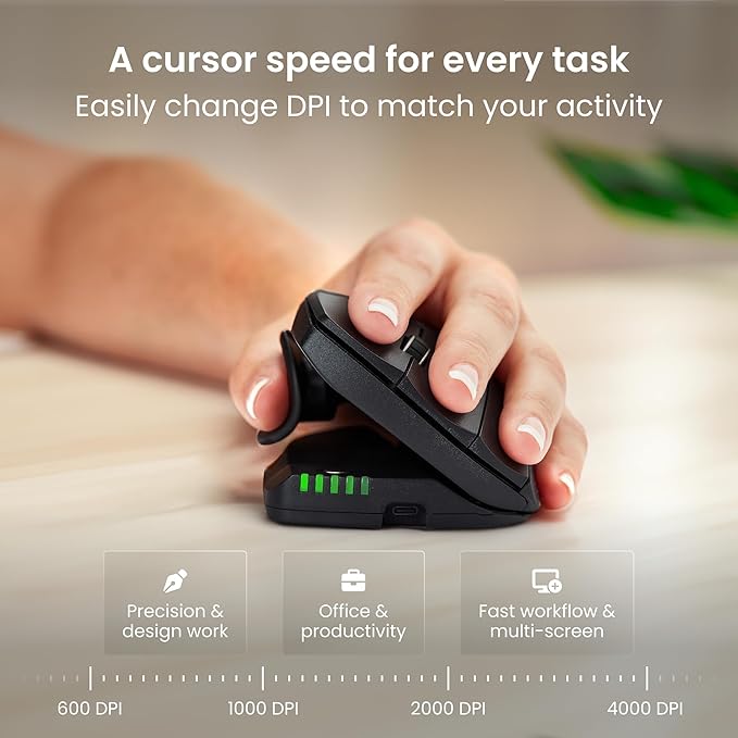 Contour Unimouse Ergonomic Vertical Mouse Adjustable 35°-70° Tilt Angle, 6 Programmable Buttons for Productivity, Customizable Thumb Rest for Wrist Pain Relief | Plug & Play Mac/PC - Wireless - Left