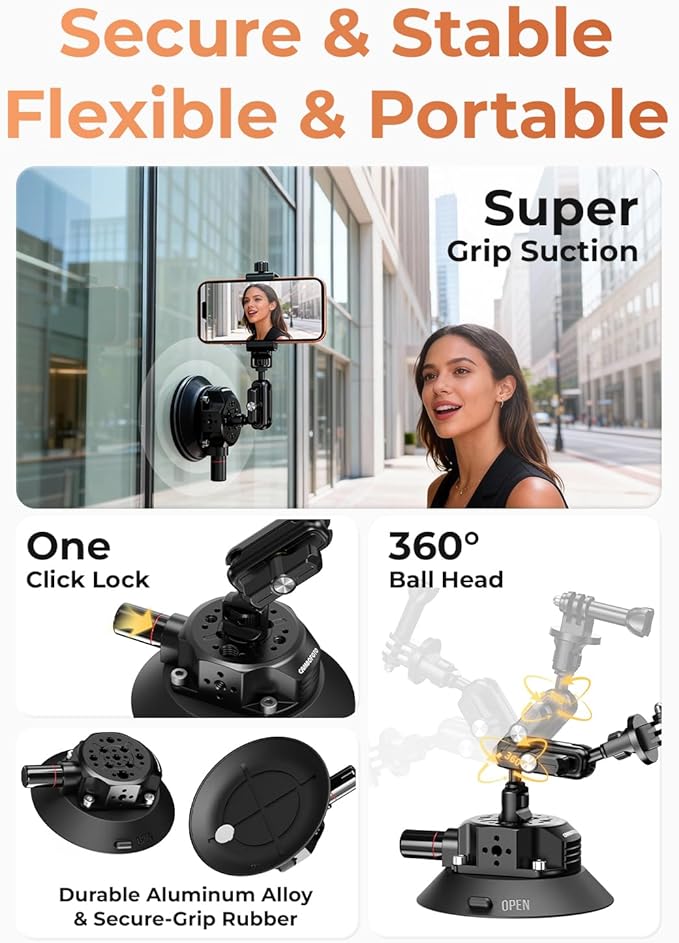CAMBOFOTO 4.6" Camera Suction Cup Mount with Ball Head Magic Arm, Car Mount with Action Camera Adapter and Phone Holder, Compatible with DSLR Cameras Sony, Canon, Nikon/Phone/DJI/Insta 360