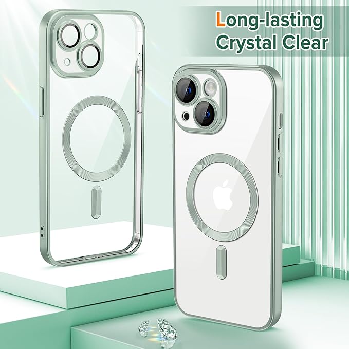 Hython Magnetic Clear for iPhone 15 Plus Case with Camera Lens Protector [Compatible with MagSafe] Luxury Plating Edge Slim Soft TPU Cover Protective Phone Case for iPhone 15 Plus 6.7", Matte Mint