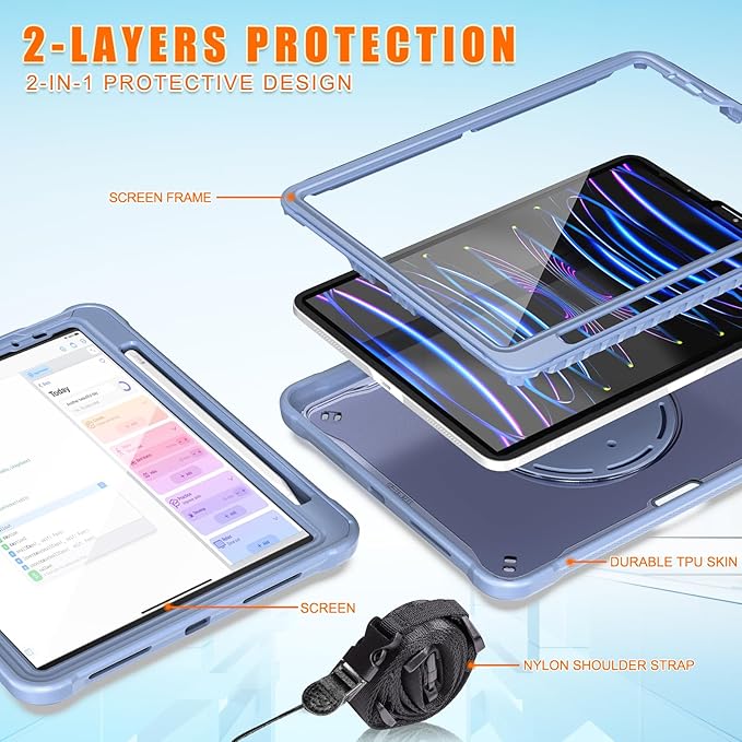 Batianda Ultimate Protective Case for iPad Pro 11-inch 2022 4th M2 Chip /2021 (3rd Generation) Rugged Shockproof Tablet Cover with 360° Rotatable Kickstand & Shoulder Strap & Pencil Holder, Lavender