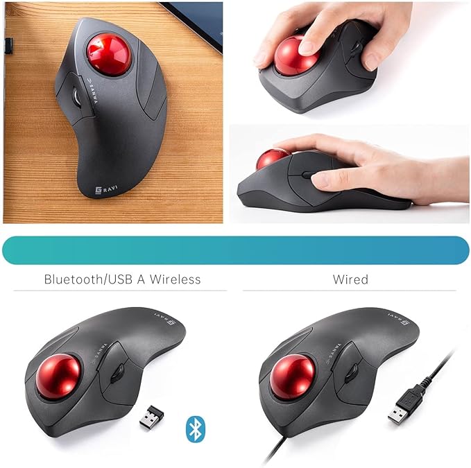 SANWA Wired Ergonomic Trackball Mouse, Optical Rollerball Mice, Programmable Silent Buttons, 44mm Trackball, 600/800/1200/1600 Adjustable DPI, Compatible with MacBook, Laptop, Windows, macOS