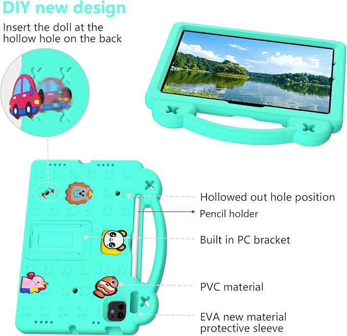 for Apple iPad Pro 11 Inch Kids Case (M5/M4) 2025/2024 with Pencil Holder/Kickstand/Handle Stand Lightweight Cute DIY Soft EVA Shockproof Rugged Silicone Girls Boys Cover, Mint Green Bear