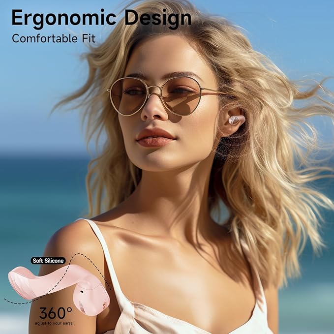 aigo Open Ear Earbuds, Wireless Bluetooth Earphone, Clip on Headphones, Over The Ear Earbuds for Fitness Running Gym Workouts, Built-in Mic, Wireless Charging, Pink Headset
