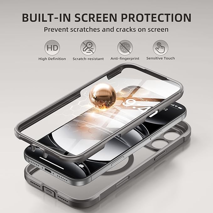 BERFY for iPhone 17 Pro Case, Compatible with MagSafe, Built-in Glass Screen Protector, Camera Protection, Shockproof Full Body Phone case 6.3", Clear Grey