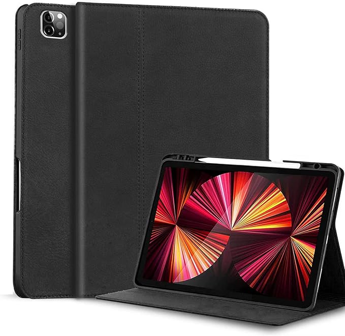 Gexmil Leather Case for iPad Pro 12.9 Inch Case,6th/5th/4th/3rd Generation 2022/2021/2020/2018 Genuine Leather Folio Cover with Pencil Holder,Shockproof, Auto Sleep/Wake,Sanded Black
