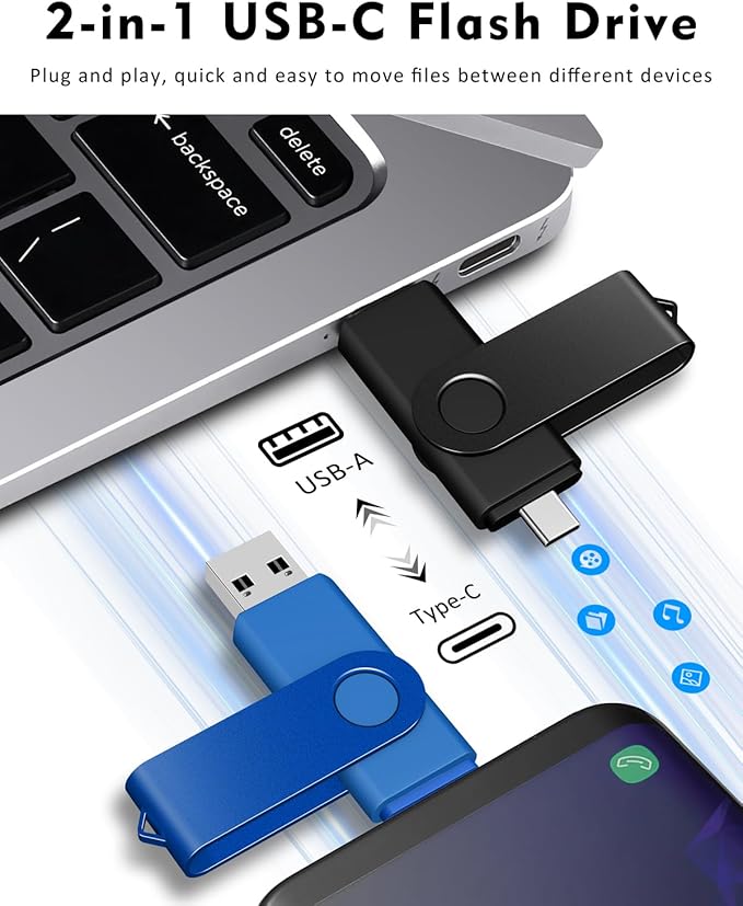 AreTop 16GB USB C Flash Drive 2 in 1 OTG USB 2.0 + Type C Memory Stick with Keychain Dual Type-C Thumb Drive Photo Stick Jump Drive for Android Smartphones, Computer, Tablet, PC, 2 Pack (Black, Blue)