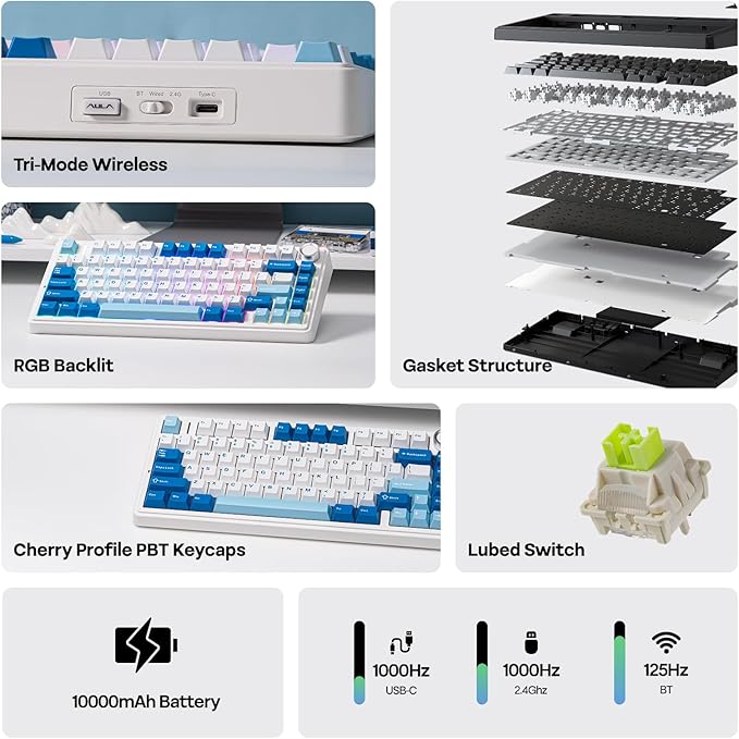 EPOMAKER x Aula F75 Ultra Wireless Gaming Keyboard with Knob, 10000mAh, Hot Swap, RGB, PBT Keycap, Creamy Sound, VIA, 75% Mechanical Keyboard for Win/Mac (Blue, Reaper)