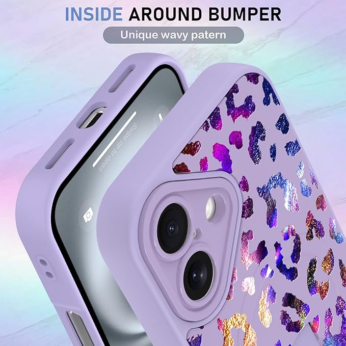 KANGHAR Compatible with iPhone 16 Case, Support for MagSafe, Silicone Cute Iridescent Leopard Cheetah Pattern, Wristband Kickstand Shockproof Protective Slim Cover for Women Girls, Purple