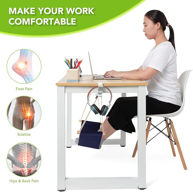 iMissiu Adjustable Office Foot Rest | Portable Under Desk Hammock with Headphones Holder (Blue)