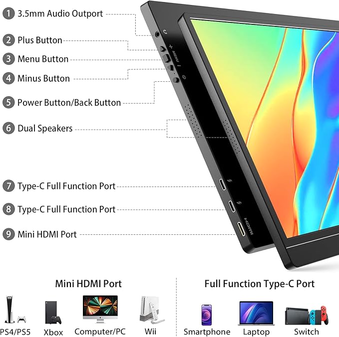 KYY Portable Monitor Latest 15.6'' FHD 1080P USB-C HDMI Laptop Monitor w/Smart Cover Bag & Dual Speakers, External HDR Computer Screen, Travel Gaming Monitor for PC MAC Phone Xbox PS4/5 Switch
