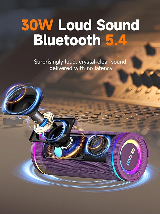 MLOVE E80 Speakers Bluetooth Wireless, Portable Bluetooth Speaker with Aux Input, Micro SD Card Slot, Bass Boost, Dual Pairing, Lights, IPX7 Waterproof, BT5.4 for Outdoor, Travel, Car, TV, 30W, Purple