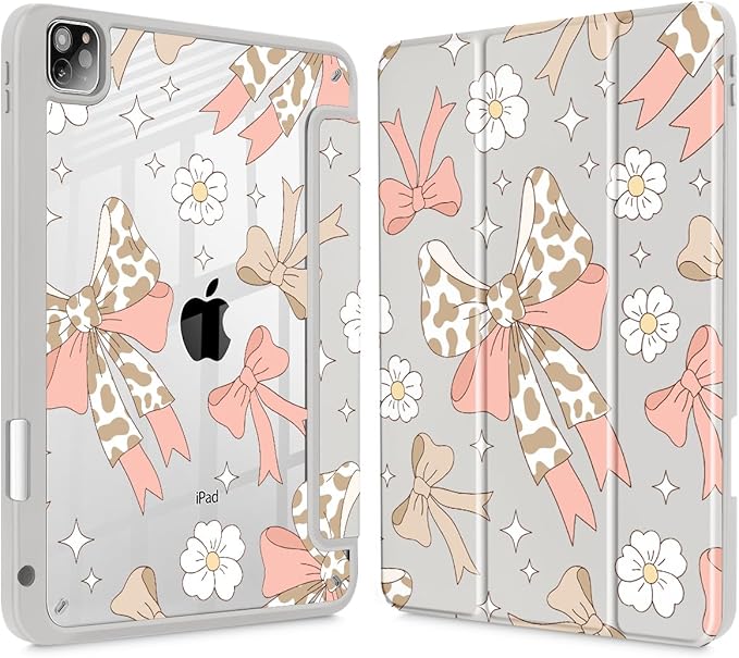 Tuiklol for iPad Pro 12.9 Inch 6th/5th/4th/3rd Generation 2022 2021 2020 2018 Case,Built-in Pencil Holder Clear Transparent Protective Back Shell Cover with Auto Sleep/Wake, Leopard Bow Pink