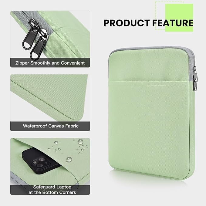 Tablet Sleeve for 11" Samsung Galaxy Tab A9+ Plus /S9 FE 10.9, Fire HD 10", iPad Air 11 M3 M4/ Pro 11 M5 M4/ 10th, Protective Case Bag Pouch, Green